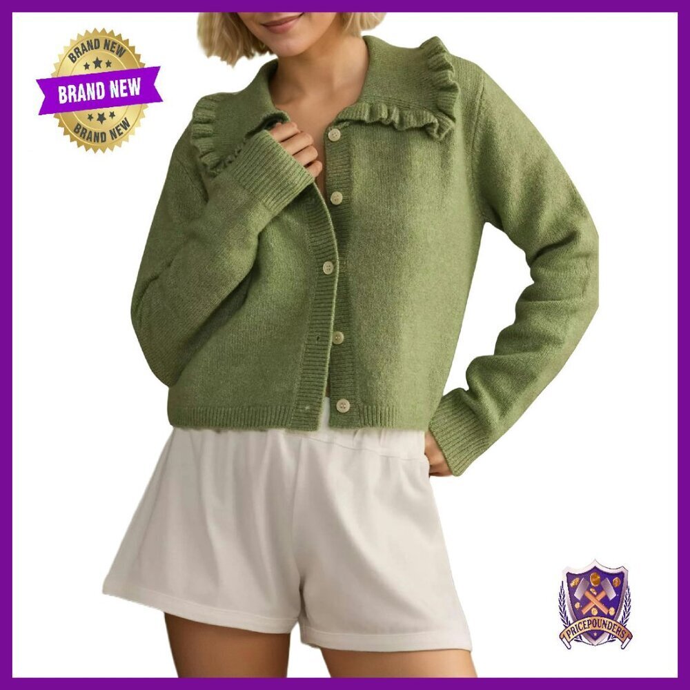 Cropped Ruffle Collar Cardigan, Knit Sweater, Button Front, Long Sleeve